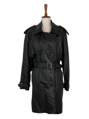 Vintage Black Leather Trench Jacket 80s 90s M Double Breasted Retro Grunge Biker